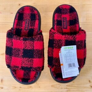 Rare Crocs Buff‎ Check Slide Slippers Red Black Plaid M7 W9 NWT Cozy Winter